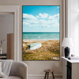 21725303-MGV-CV-24X36-Coastal Serenity Wall Art Canvas Print, Framed Ocean View Art Picture Print, Rustic Boat Perfect Nautical Coastal Decor Artwork