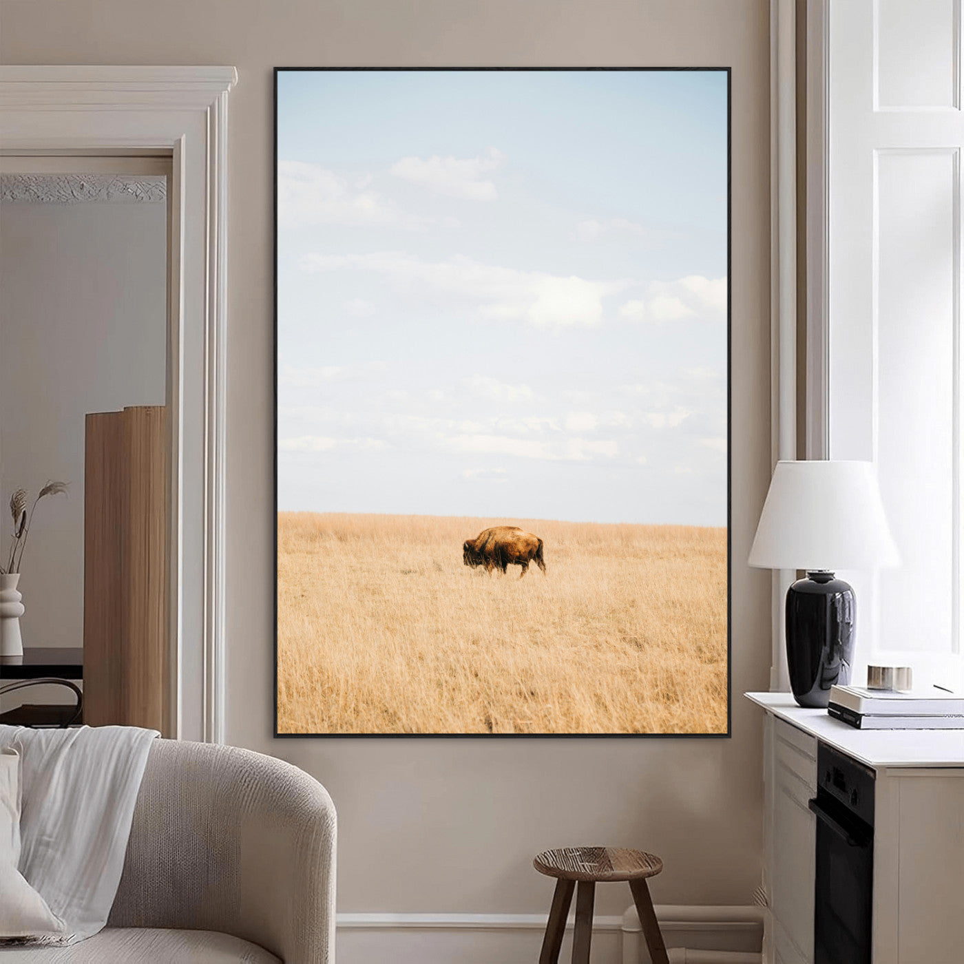 96766166-MGV-CV-24X36-Minimalist Nature Wall Art Canvas Print, Framed Bison In Grassland Art Picture Print, Open Field Perfect Modern Ranch Decor Decor