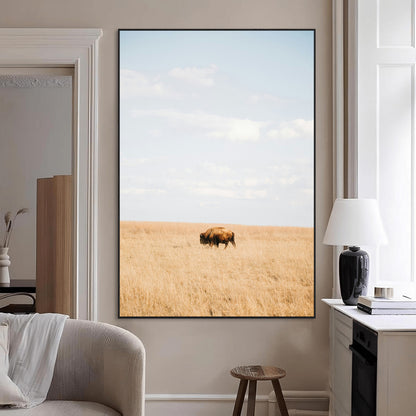 96766166-MGV-CV-24X36-Minimalist Nature Wall Art Canvas Print, Framed Bison In Grassland Art Picture Print, Open Field Perfect Modern Ranch Decor Decor