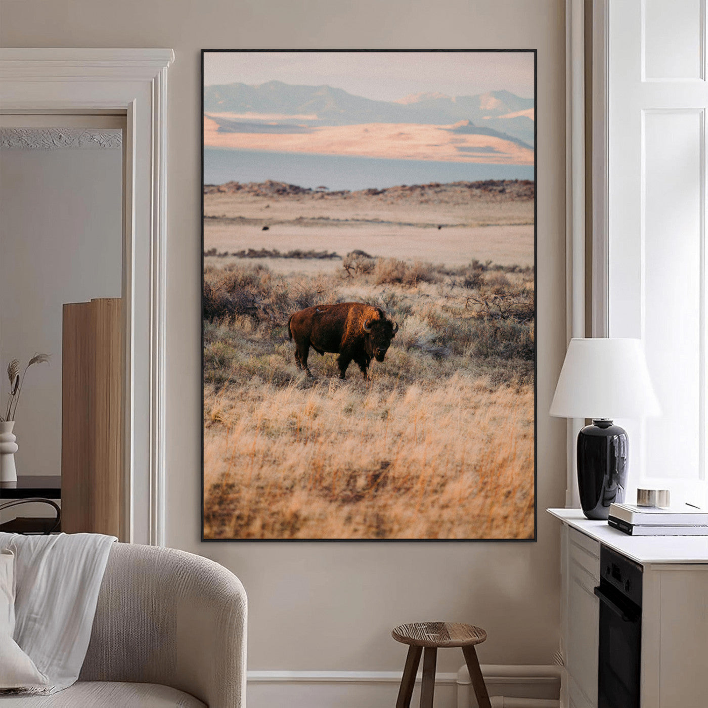 75146693-MGV-CV-24X36-Solitary Buffalo Wall Art Canvas Print, Framed Golden Prairie Art Picture Print, Earthy Tones Perfect Rustic Western Decor Artwork