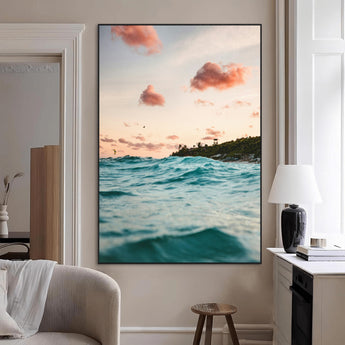 13960366-MGV-CV-24X36-Tropical Seascape Wall Art Canvas Print, Framed Sunset Ocean Art Picture Print, Coastal Aesthetic Perfect Coastal Bohemian Decor