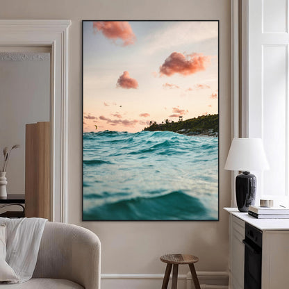 13960366-MGV-CV-24X36-Tropical Seascape Wall Art Canvas Print, Framed Sunset Ocean Art Picture Print, Coastal Aesthetic Perfect Coastal Bohemian Decor