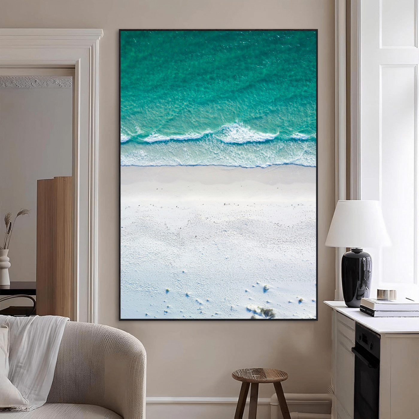 26150405-MGV-CV-24X36-Soft Waves Wall Art Canvas Print, Framed Seaside Escape Art Picture Print, Minimalist Beach Aesthetic Perfect Coastal Minimalist