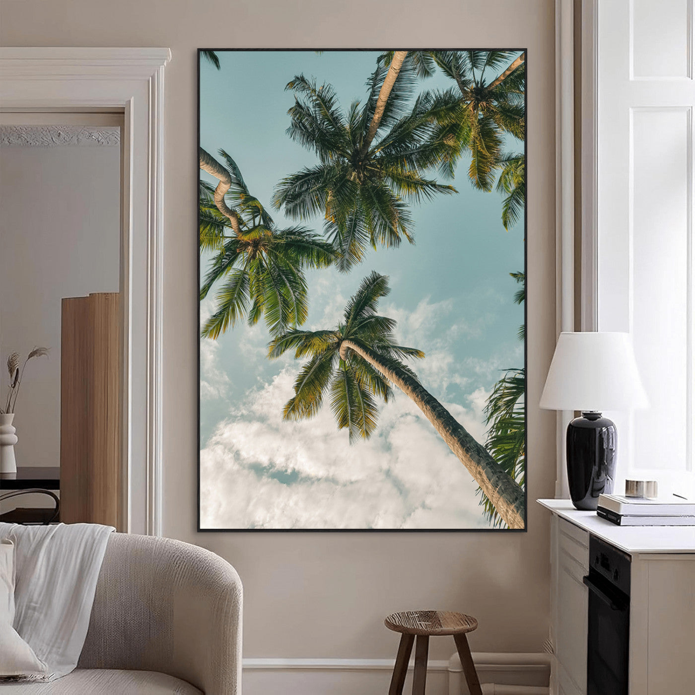 80452931-MGV-CV-24X36-Tropical Palm Trees Wall Art Canvas Print, Framed Coastal Nature Art Picture Print, Relaxing Summer Vibes Perfect Boho Coastal