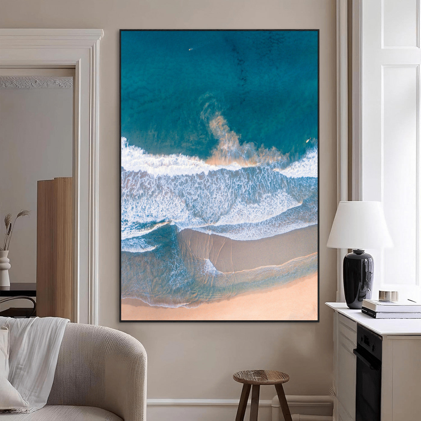 97740681-MGV-CV-24X36-Aerial Beach View Wall Art Canvas Print, Framed Ocean Waves Art Picture Print, Coastal Serenity Perfect Coastal Minimalist Decor