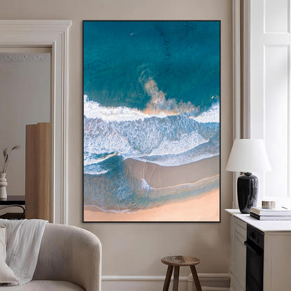 97740681-MGV-CV-24X36-Aerial Beach View Wall Art Canvas Print, Framed Ocean Waves Art Picture Print, Coastal Serenity Perfect Coastal Minimalist Decor