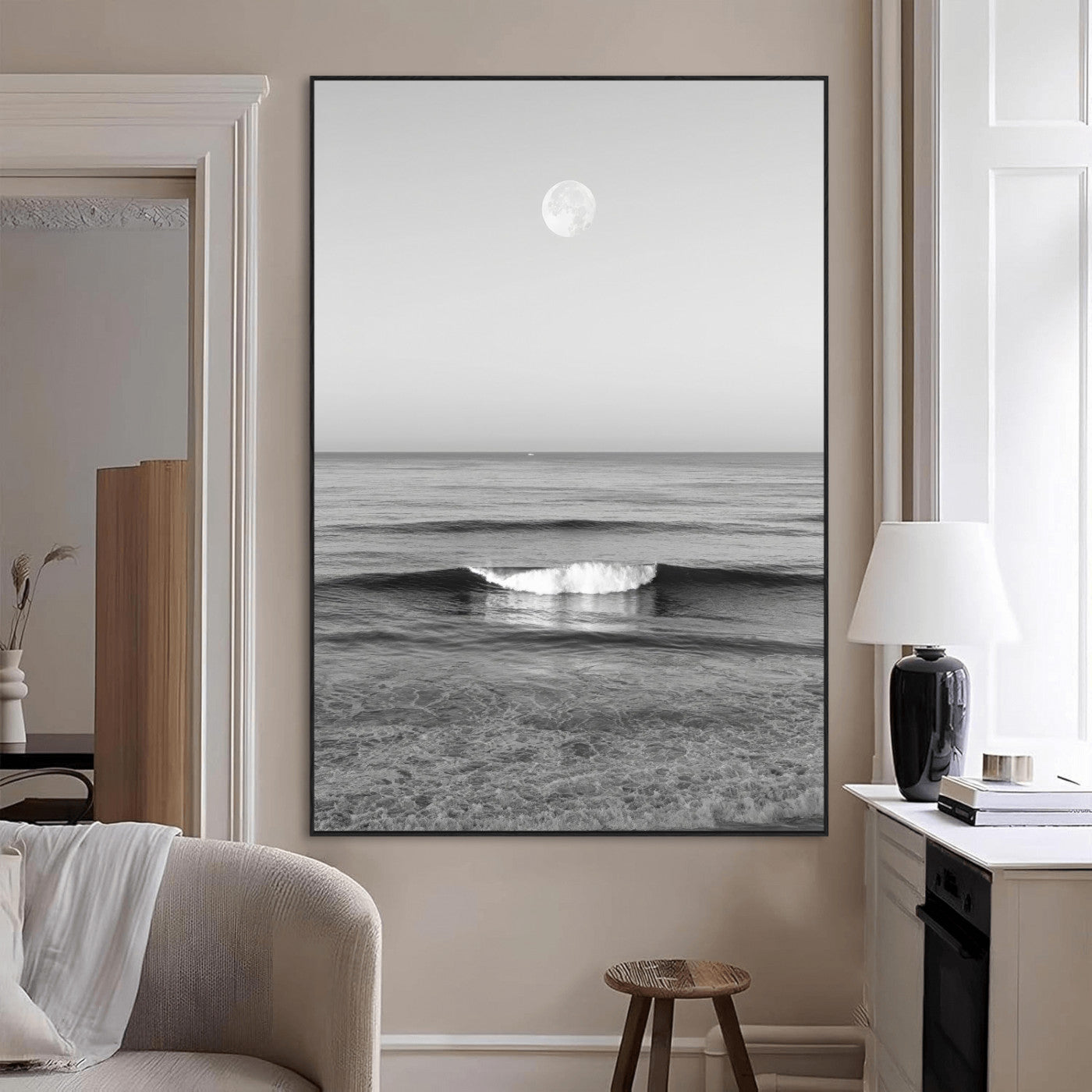 10207552-MGV-CV-24X36-Minimalist Ocean Moon Wall Art – Black and White Seascape Photography Print, Coastal Decor, Calm Ocean Waves with Full Moon for