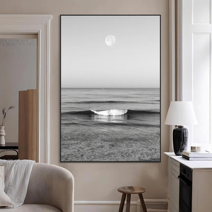 10207552-MGV-CV-24X36-Minimalist Ocean Moon Wall Art – Black and White Seascape Photography Print, Coastal Decor, Calm Ocean Waves with Full Moon for
