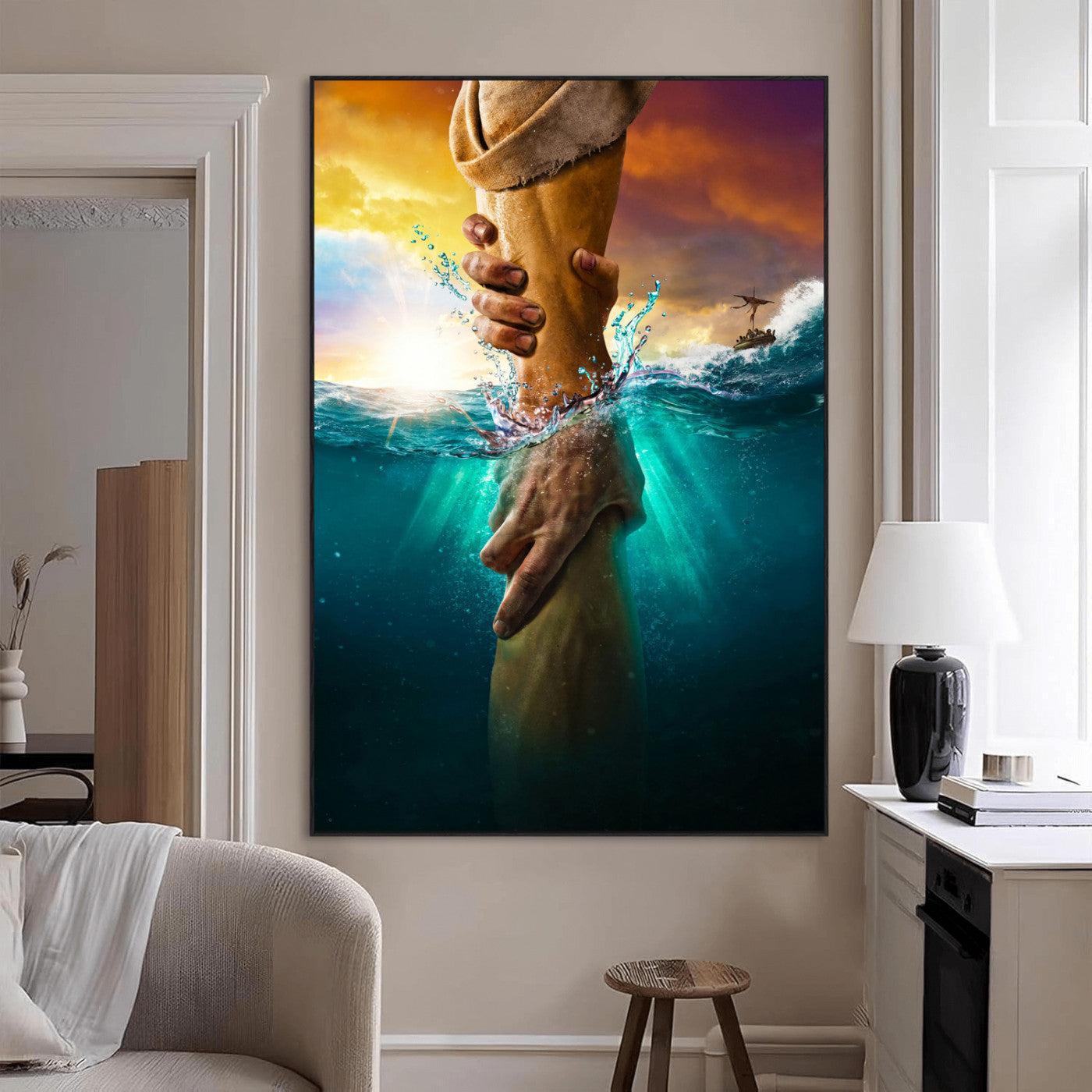 68298058-MGV-CV-24X36-Inspirational Wall Art – Helping Hands Canvas Print, Powerful Ocean and Light Photography Decor for Bedroom, Living Room, Office