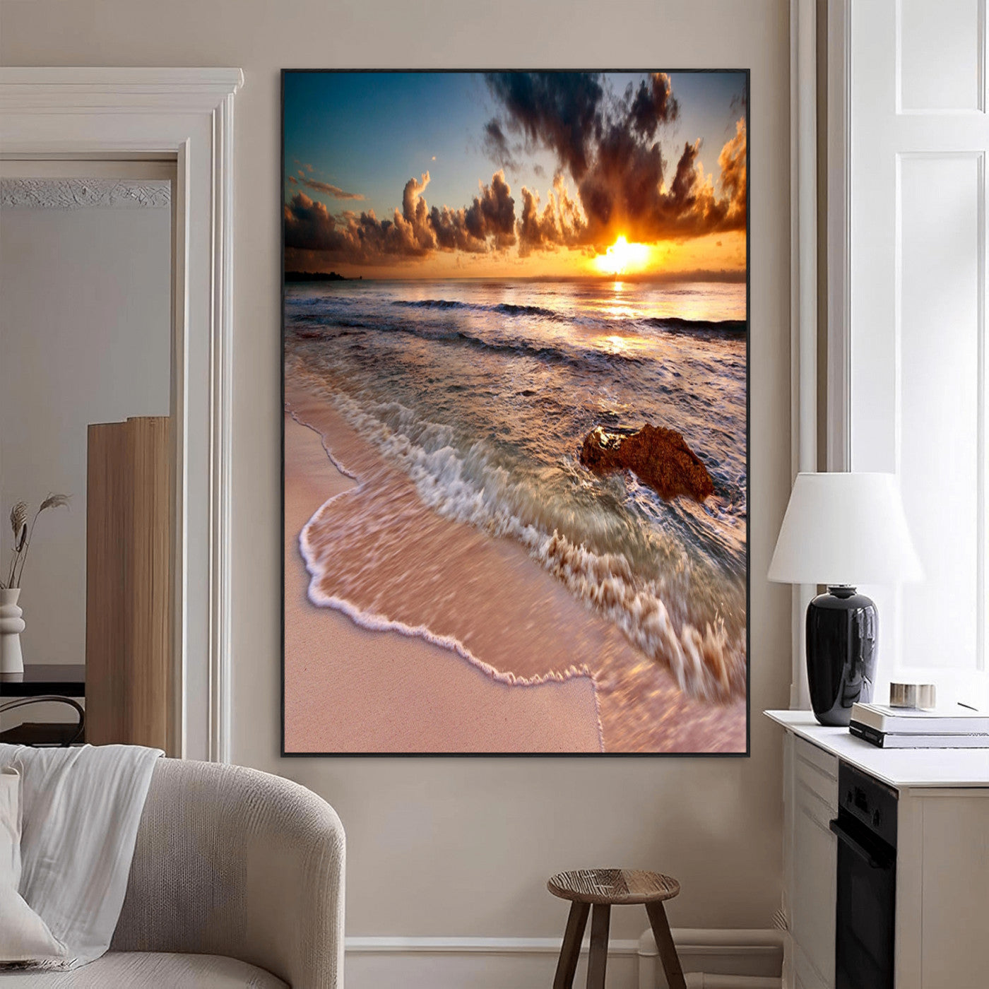 14930-MGV-CV-24X36-Beach Sunset Wall Art Canvas Print, Framed Ocean Horizon Art Picture Print, Tropical Shore Perfect Minimalist Coastal Decor