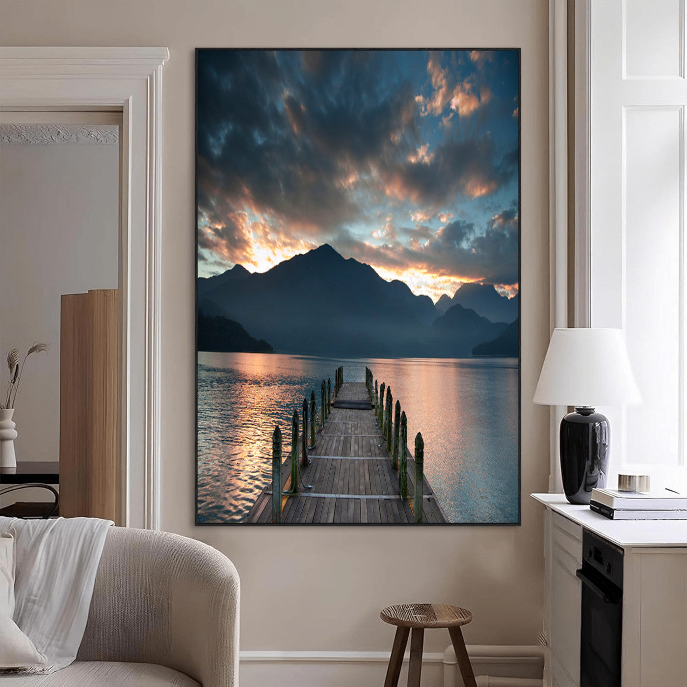 16043-MGV-CV-24X36-Mountain Lake Wall Art Canvas Print, Framed Sunset Reflection Art Picture Print, Calm Horizon Perfect Moody Nature Decor Artwork