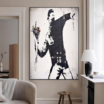 64032-MGV-CV-24X36-Flower Thrower Wall Art Canvas Print, Framed Urban Protest Art Picture Print, Graffiti Style Perfect Urban Contemporary Decor