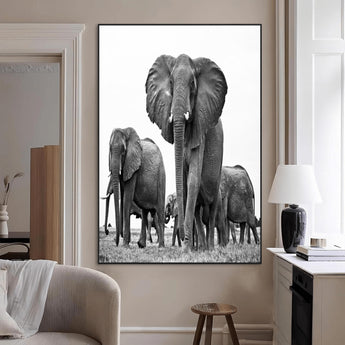 79634-MGV-CV-24X36-Elephant Herd Wall Art Canvas Print, Framed African Elephant Art Picture Print, Monochrome Wildlife Perfect Monochrome Safari