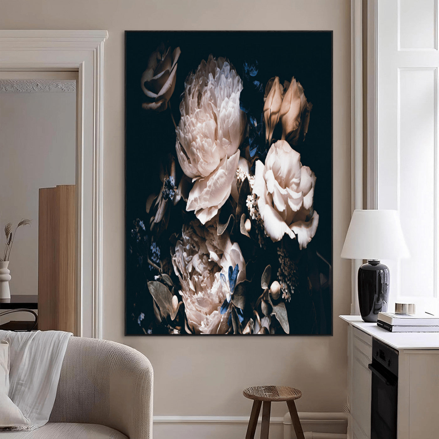 47195-MGV-CV-24X36-Moody Peonies Wall Art Canvas Print, Framed Dark Floral Art Picture Print, Creamy Rose Perfect Baroque Floral Decor Artwork