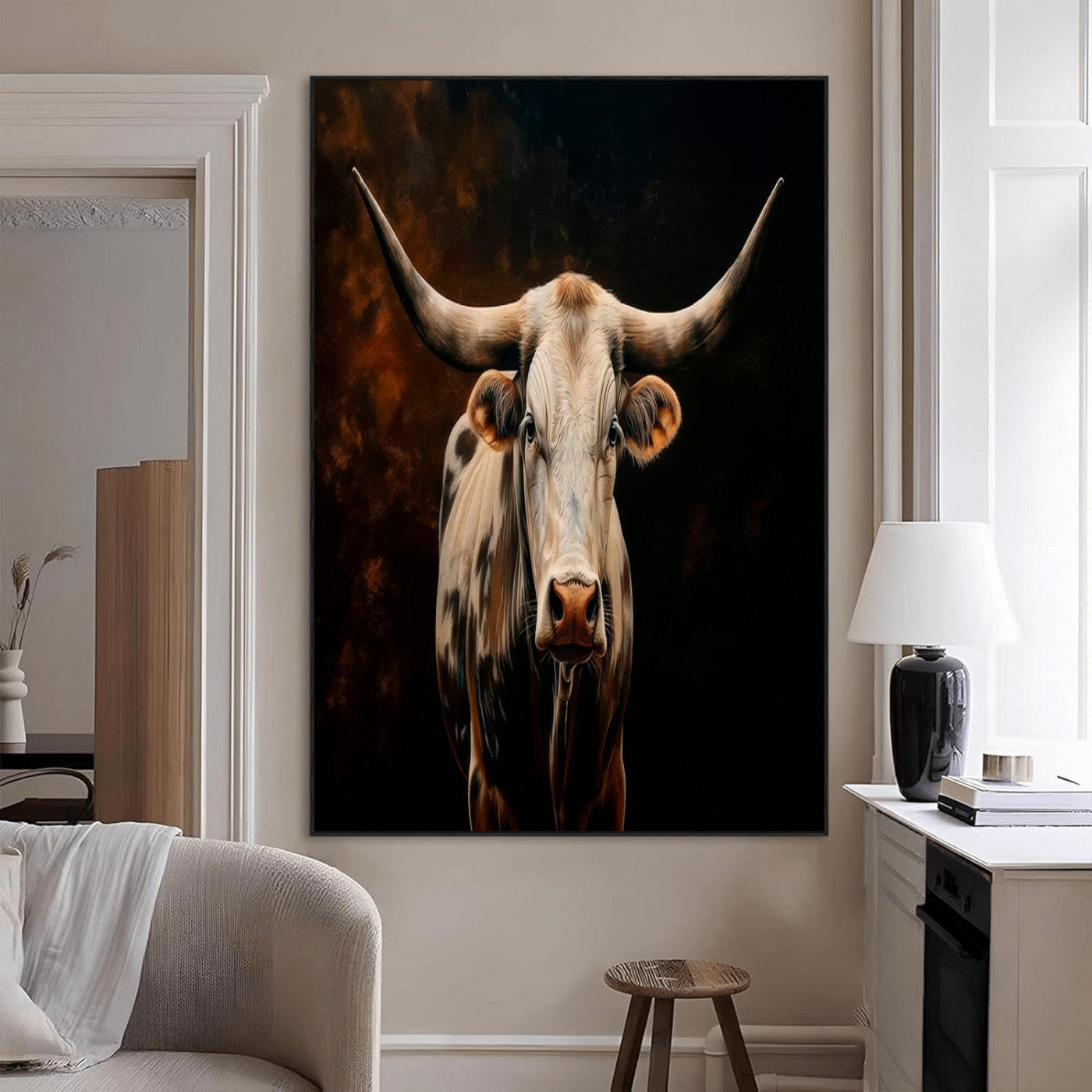11823-MGV-CV-24X36-Texas Longhorn Wall Art Canvas Print, Framed Western Bull Art Picture Print, Rustic Cow Perfect Rustic Western Decor Artwork