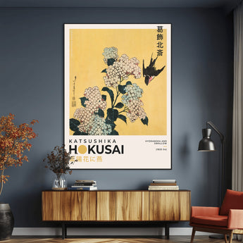 11004-MGV-CV-24X36-Hokusai Hydrangea Wall Art – Japanese Floral Canvas Print with Swallow Bird, Classic Ukiyo-e Nature Decor for Bedroom, Office or