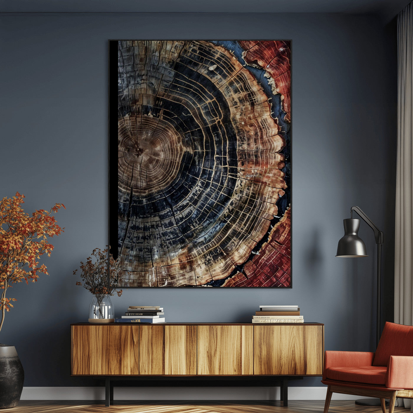 Test1-MGV-CV-24X36-Rustic Tree Ring Wall Art – Abstract Wood Grain Canvas Print, Natural Blue and Red Toned Artwork for Living Room, Bedroom, Office