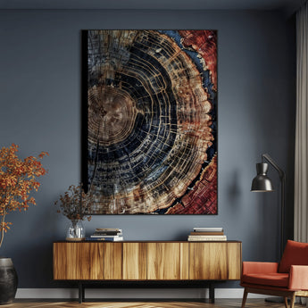 Test1-MGV-CV-24X36-Rustic Tree Ring Wall Art – Abstract Wood Grain Canvas Print, Natural Blue and Red Toned Artwork for Living Room, Bedroom, Office