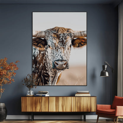 50803532-MGV-CV-24X36-Texas Longhorn Wall Art Canvas Print, Framed Speckled Cow Art Picture Print, Horned Bull Perfect Rustic Western Decor Artwork