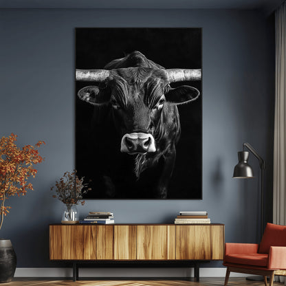 75358747-MGV-CV-24X36-Texas Longhorn Wall Art Canvas Print, Framed Monochrome Bull Art Picture Print, Horned Bull Perfect Minimalist Western Decor