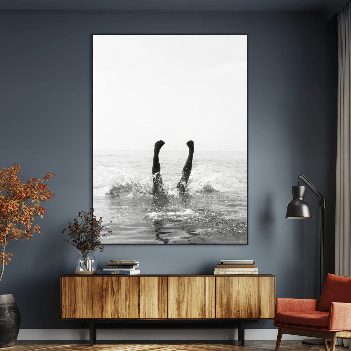 43900465-MGV-CV-24X36-Minimal Ocean Wall Art Canvas Print, Framed Monochrome Diving Art Picture Print, Swimmer in Sea Perfect Minimalist Coastal Decor