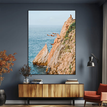 74527880-MGV-CV-24X36-Cliff Divers Wall Art Canvas Print, Framed Ocean Adventure Art Picture Print, Coastal Movement Perfect Adventurous Coastal Decor