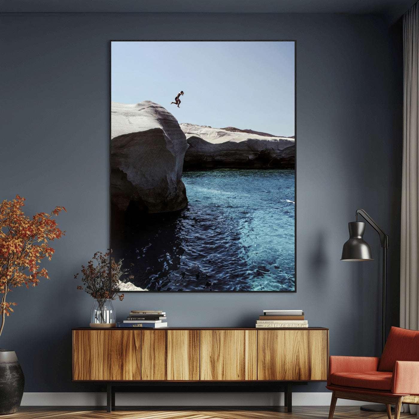 96853328-MGV-CV-24X36-Cliff Diving Wall Art Canvas Print, Framed Turquoise Sea Art Picture Print, Ocean Adventure Perfect Coastal Minimalist Decor