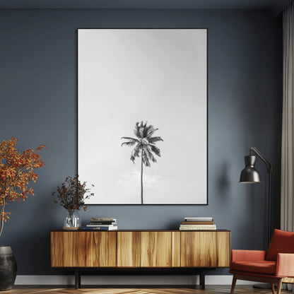 67263674-MGV-CV-24X36-Lone Palm Tree Wall Art Canvas Print, Framed Minimalist Tropical Art Picture Print, Monochrome Beach Perfect Modern Coastal