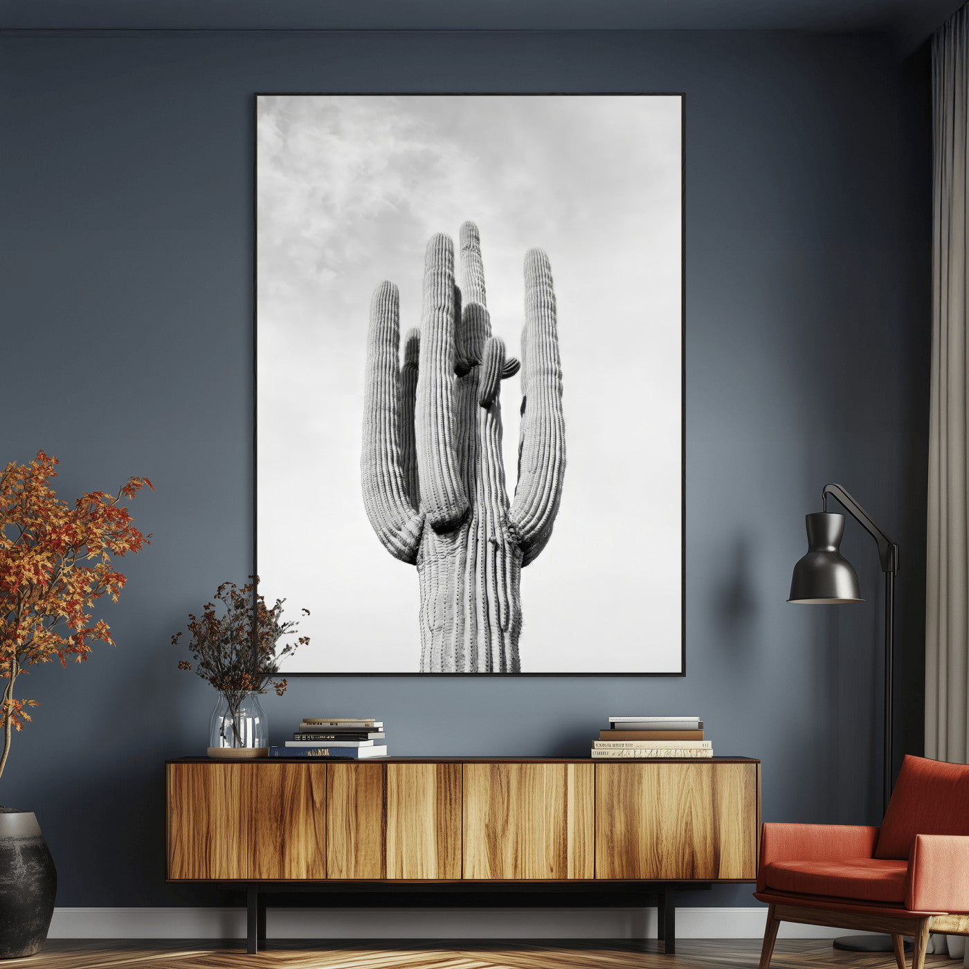 17148959-MGV-CV-24X36-Saguaro Cactus Wall Art Canvas Print, Framed Monochrome Desert Art Picture Print, Black White Cactus Perfect Southwestern