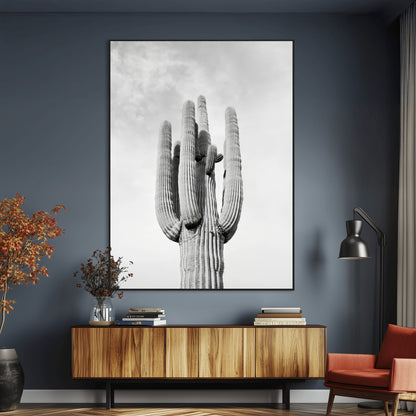 17148959-MGV-CV-24X36-Saguaro Cactus Wall Art Canvas Print, Framed Monochrome Desert Art Picture Print, Black White Cactus Perfect Southwestern