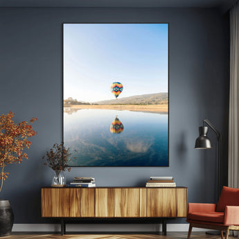 98091684-MGV-CV-24X36-Hot Air Balloon Wall Art Canvas Print, Framed Flight Reflection Art Picture Print, Peaceful Lakeside Perfect Modern Minimalist