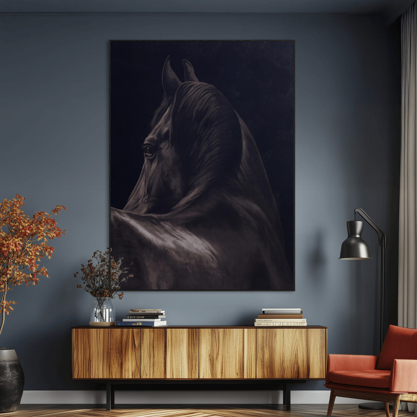 67026880-MGV-CV-24X36-Black Horse Portrait Wall Art Canvas Print, Framed Moody Horse Decor Art Picture Print, Equestrian Wall Style Perfect Masculine