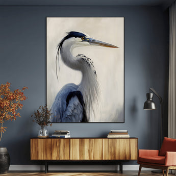 79581184-MGV-CV-24X36-Blue Heron Wall Art Canvas Print, Framed Elegant Wildlife Art Picture Print, Minimalist Bird Theme Perfect Coastal Minimalist