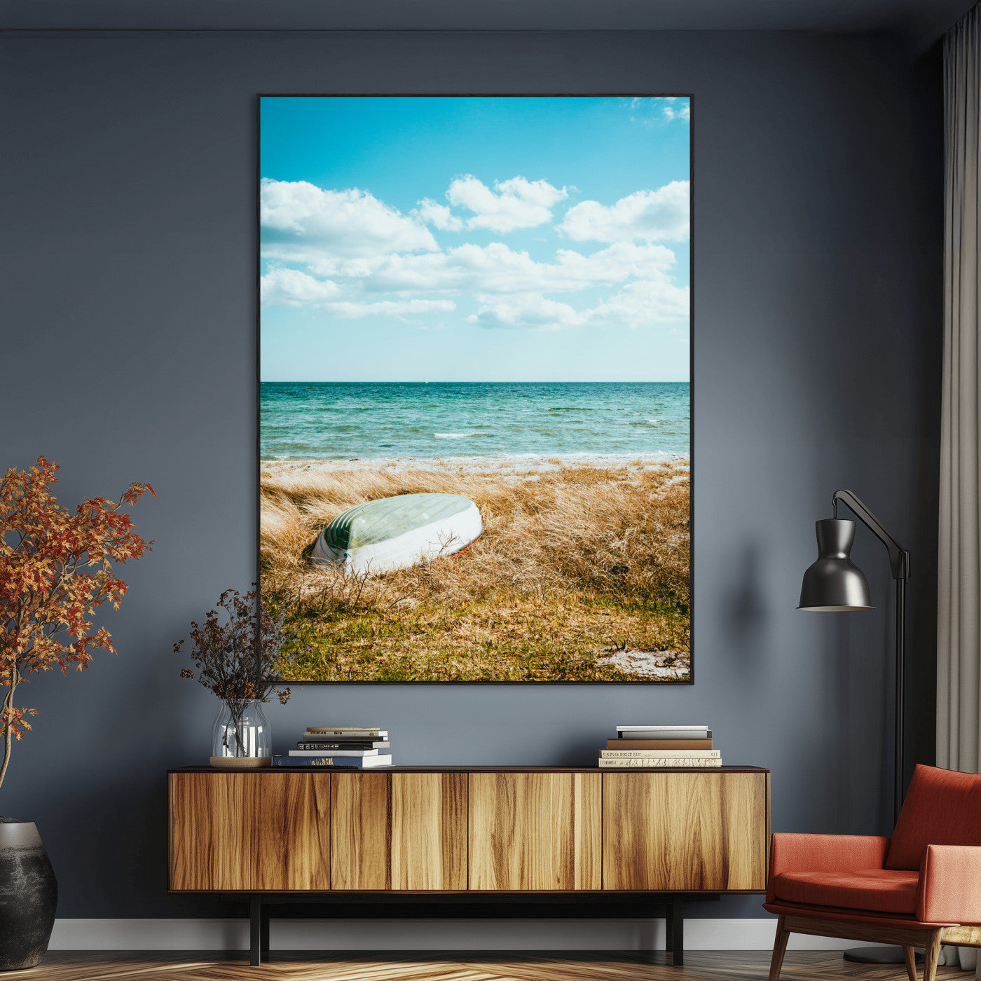21725303-MGV-CV-24X36-Coastal Serenity Wall Art Canvas Print, Framed Ocean View Art Picture Print, Rustic Boat Perfect Nautical Coastal Decor Artwork