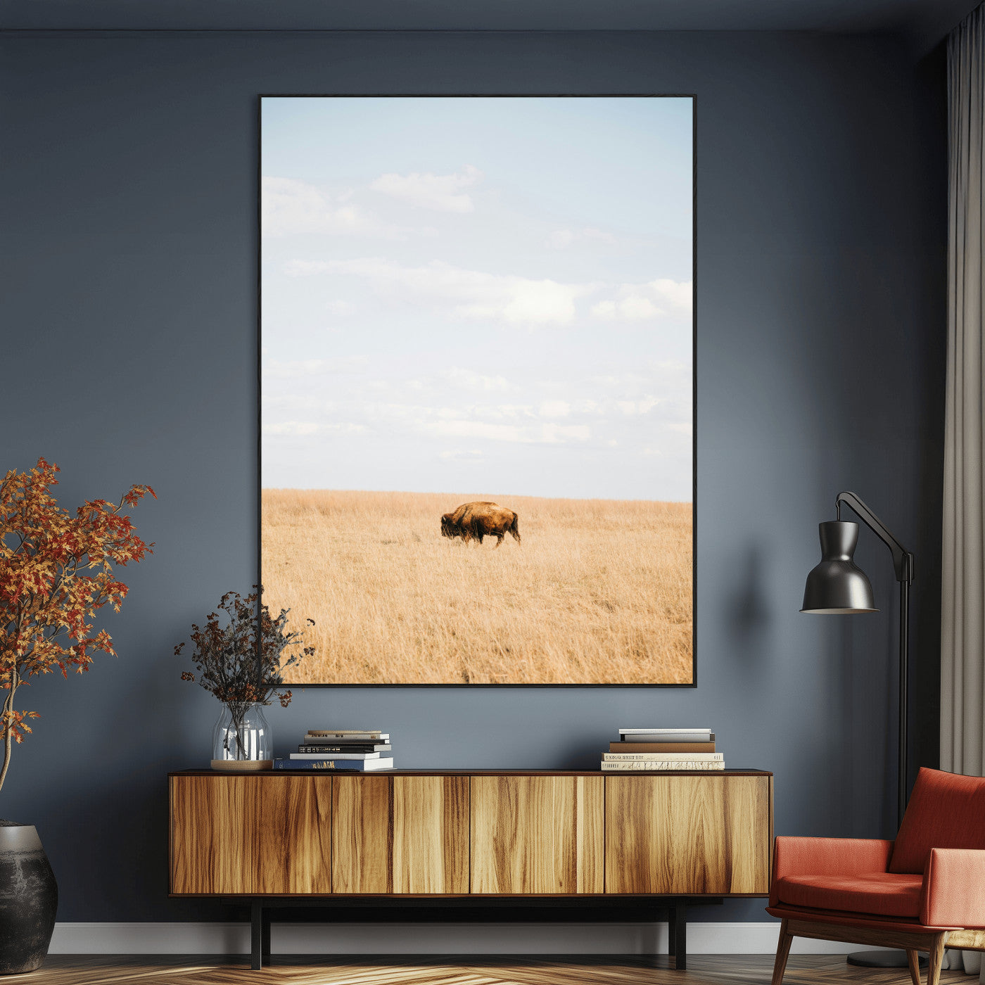 96766166-MGV-CV-24X36-Minimalist Nature Wall Art Canvas Print, Framed Bison In Grassland Art Picture Print, Open Field Perfect Modern Ranch Decor Decor