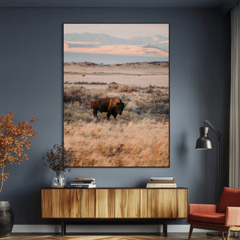 75146693-MGV-CV-24X36-Solitary Buffalo Wall Art Canvas Print, Framed Golden Prairie Art Picture Print, Earthy Tones Perfect Rustic Western Decor Artwork