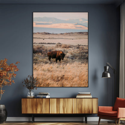 75146693-MGV-CV-24X36-Solitary Buffalo Wall Art Canvas Print, Framed Golden Prairie Art Picture Print, Earthy Tones Perfect Rustic Western Decor Artwork