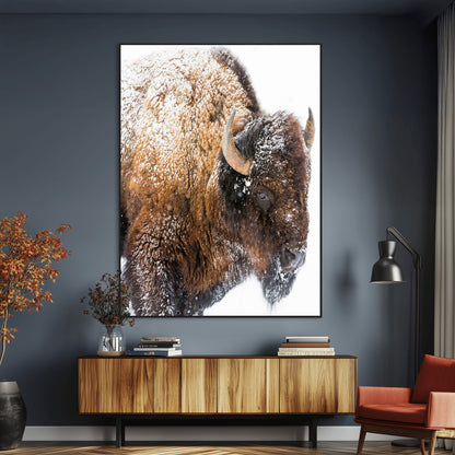 27690436-MGV-CV-24X36-Snowy Buffalo Wall Art Canvas Print, Framed Wildlife Photography Art Picture Print, Rustic Lodge Perfect Rustic Lodge Decor Decor