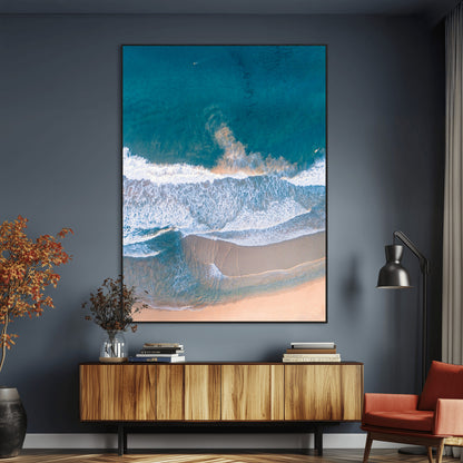 97740681-MGV-CV-24X36-Aerial Beach View Wall Art Canvas Print, Framed Ocean Waves Art Picture Print, Coastal Serenity Perfect Coastal Minimalist Decor