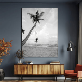 41303063-MGV-CV-24X36-Coastal Wall Art – Palm Tree Swing Black and White Canvas Print, Tropical Beach Photography Decor for Bedroom, Living Room,