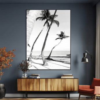 16582004-MGV-CV-24X36-Black and White Tropical Palm Trees Canvas Wall Art – Minimalist Coastal Photography, Large Framed Print for Home, Office, Living