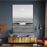 10207552-MGV-CV-24X36-Minimalist Ocean Moon Wall Art – Black and White Seascape Photography Print, Coastal Decor, Calm Ocean Waves with Full Moon for