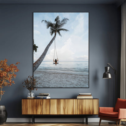 62893825-MGV-CV-24X36-Tropical Palm Tree Swing Wall Art – Ocean Beach Photography Print, Coastal Decor, Wanderlust Travel Photo for Boho Homes & Beach