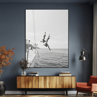 34708932-MGV-CV-24X36-Sailing Adventure Wall Art – Black and White Ocean Jump Canvas Print, Nautical Lifestyle Photography Decor for Living Room,