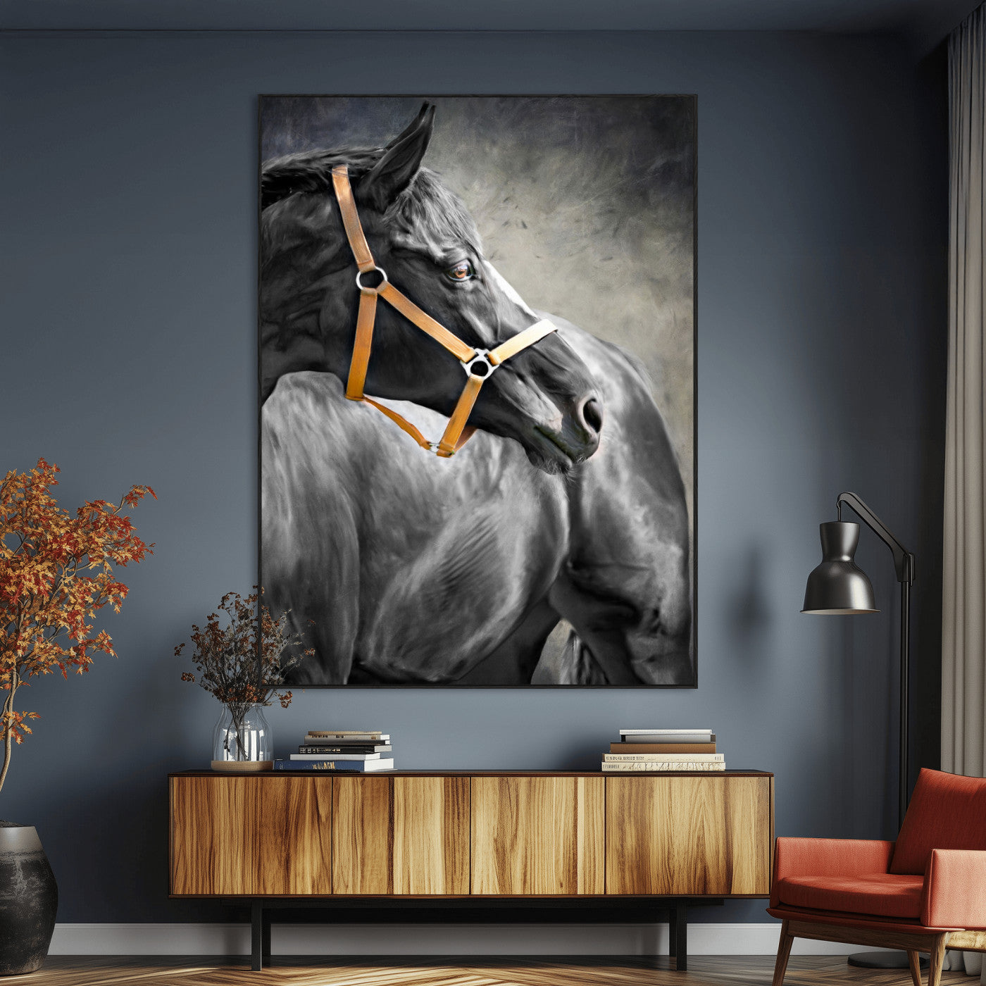 40324916-MGV-CV-24X36-Horse Wall Art – Equestrian Canvas Print, Elegant Black Stallion Portrait with Golden Halter, Rustic Western Photography Decor for