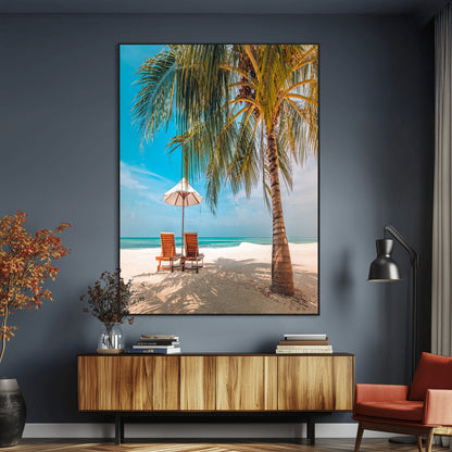 51024-MGV-CV-24X36-Tropical Beach Wall Art Canvas Print, Framed Palm Tree Art Picture Print, Sandy Shoreline Perfect Minimalist Coastal Decor Artwork