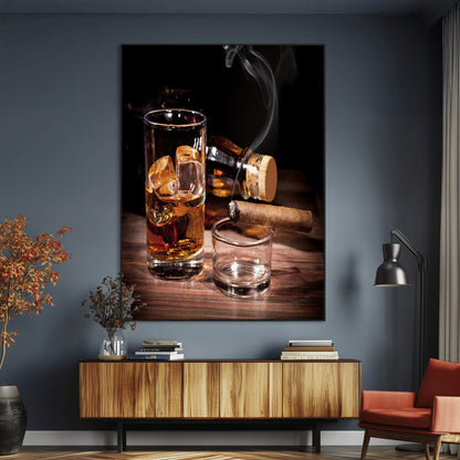 13274-MGV-CV-24X36-Whiskey Glass Wall Art Canvas Print, Framed Smoking Cigar Art Picture Print, Amber Whiskey Perfect Masculine Rustic Decor Artwork