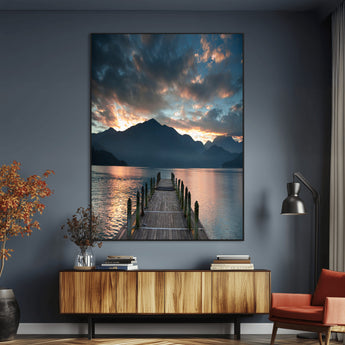 16043-MGV-CV-24X36-Mountain Lake Wall Art Canvas Print, Framed Sunset Reflection Art Picture Print, Calm Horizon Perfect Moody Nature Decor Artwork