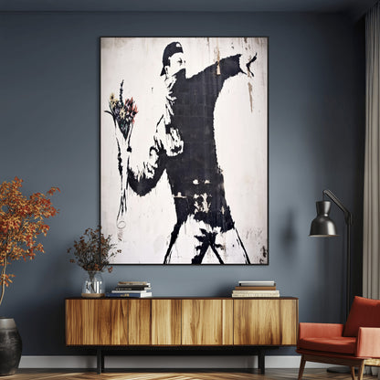 64032-MGV-CV-24X36-Flower Thrower Wall Art Canvas Print, Framed Urban Protest Art Picture Print, Graffiti Style Perfect Urban Contemporary Decor