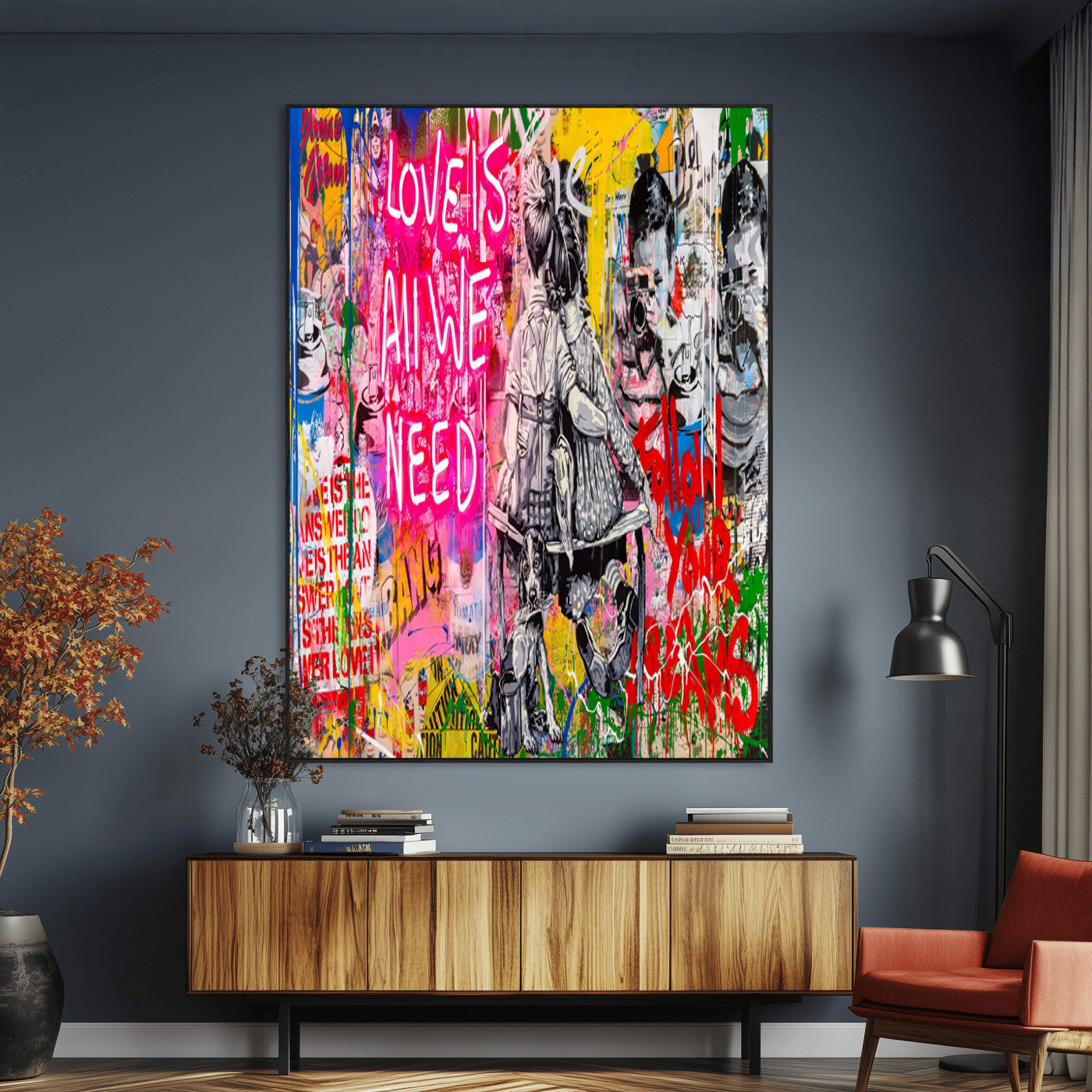 23129-MGV-CV-24X36-Street Love Wall Art Canvas Print, Framed Pop Graffiti Art Picture Print, Neon Lettering Perfect Urban Pop Decor Artwork